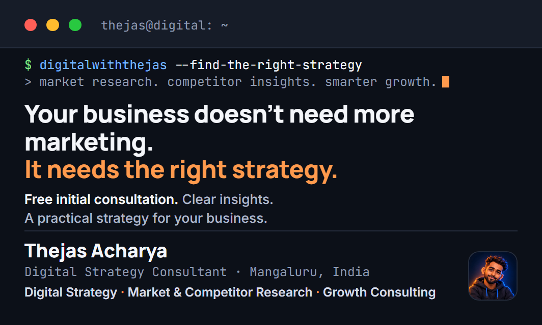 Front of Thejas Acharya's visiting card: Your business doesn't need more marketing. It needs the right strategy.