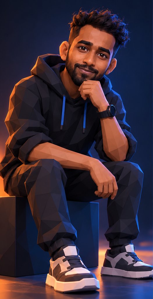 Illustrated portrait of Thejas Acharya sitting with his chin on his hand