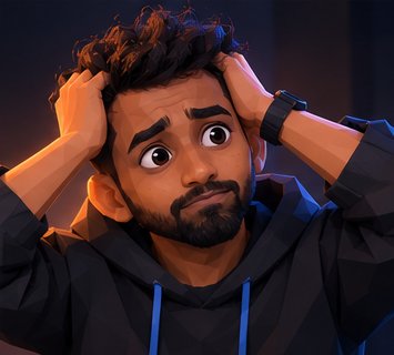 Illustrated Thejas holding his head, overwhelmed