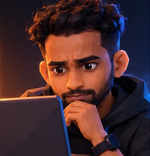 Illustrated Thejas thinking at a laptop