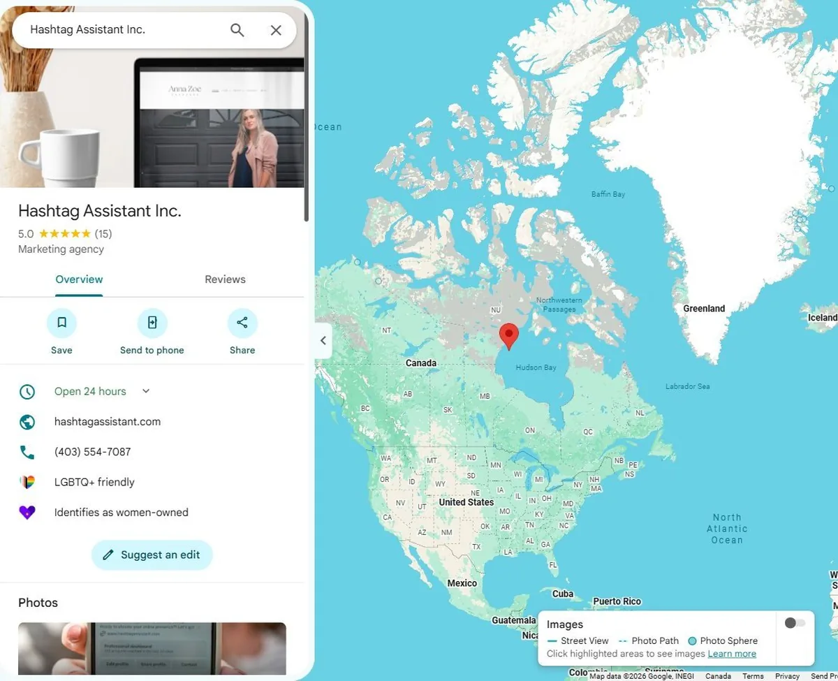 Google Maps listing for Hashtag Assistant Inc., 5.0 from 15 reviews, with the red pin dropped in Nunavut above Hudson Bay, far from Calgary