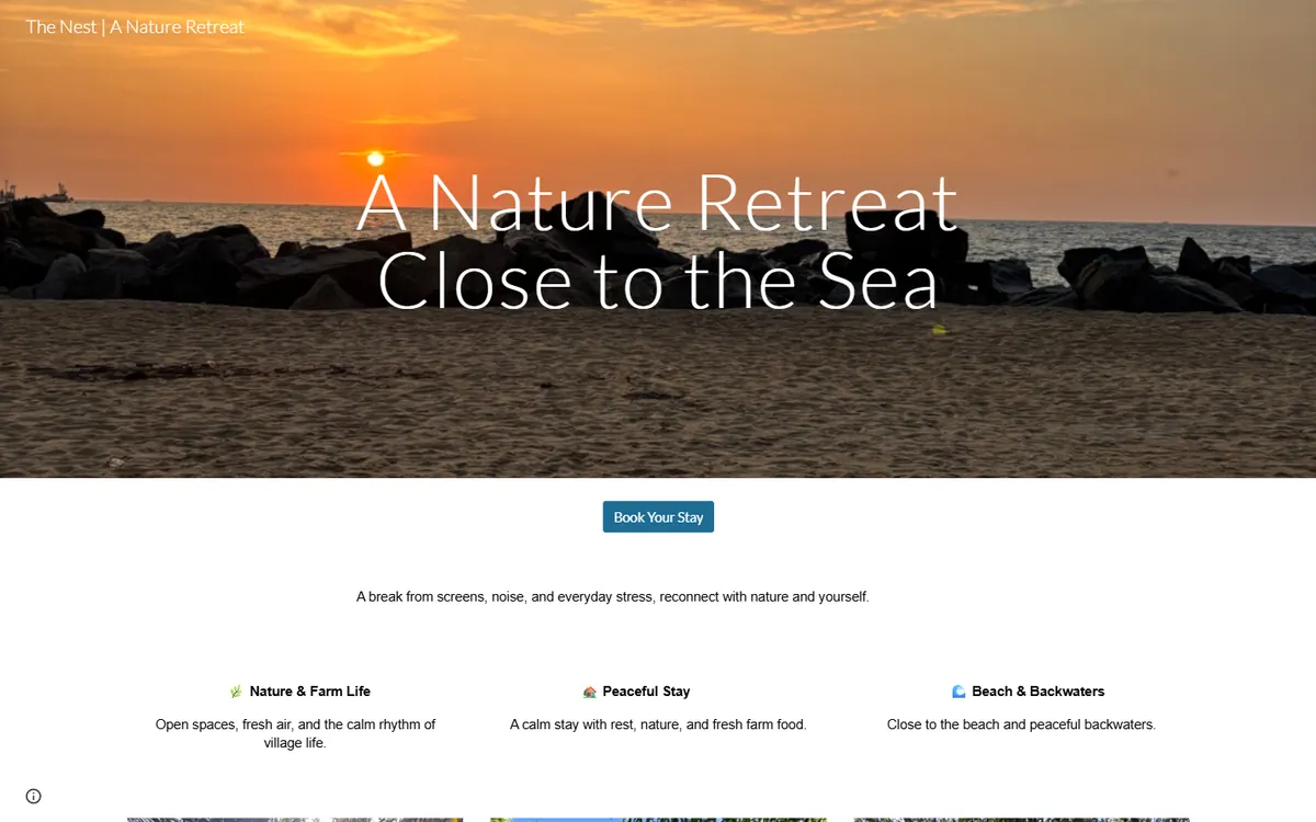 The Nest’s old one-page Google Site: a sunset photo headed A Nature Retreat Close to the Sea