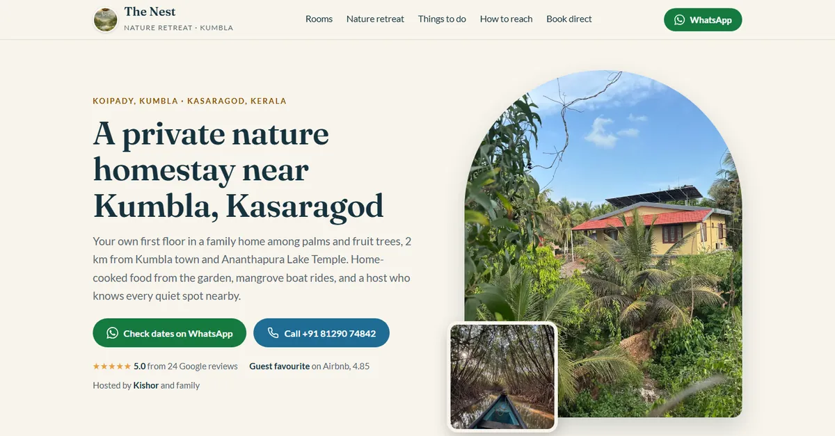 The new The Nest website: A private nature homestay near Kumbla, Kasaragod, with WhatsApp and call buttons