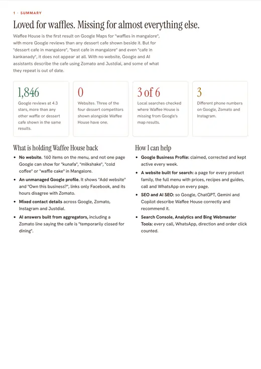 Waffee House audit, summary page