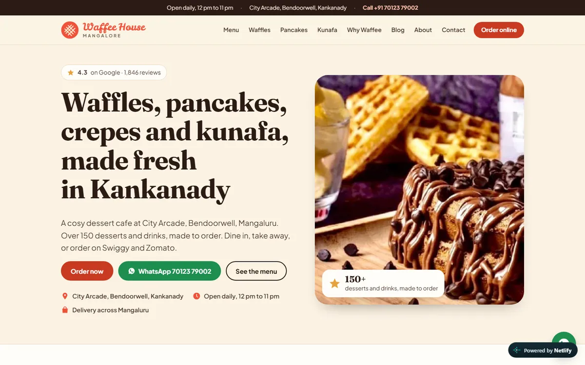 New Waffee House Mangalore website home page