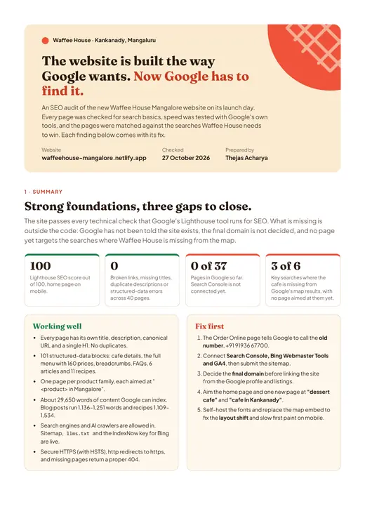 Waffee House website SEO audit, summary